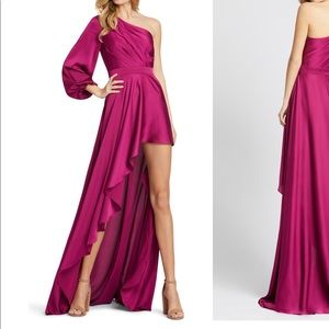 Mac Duggal berry high low one arm long sleeve silk gown! Like new!